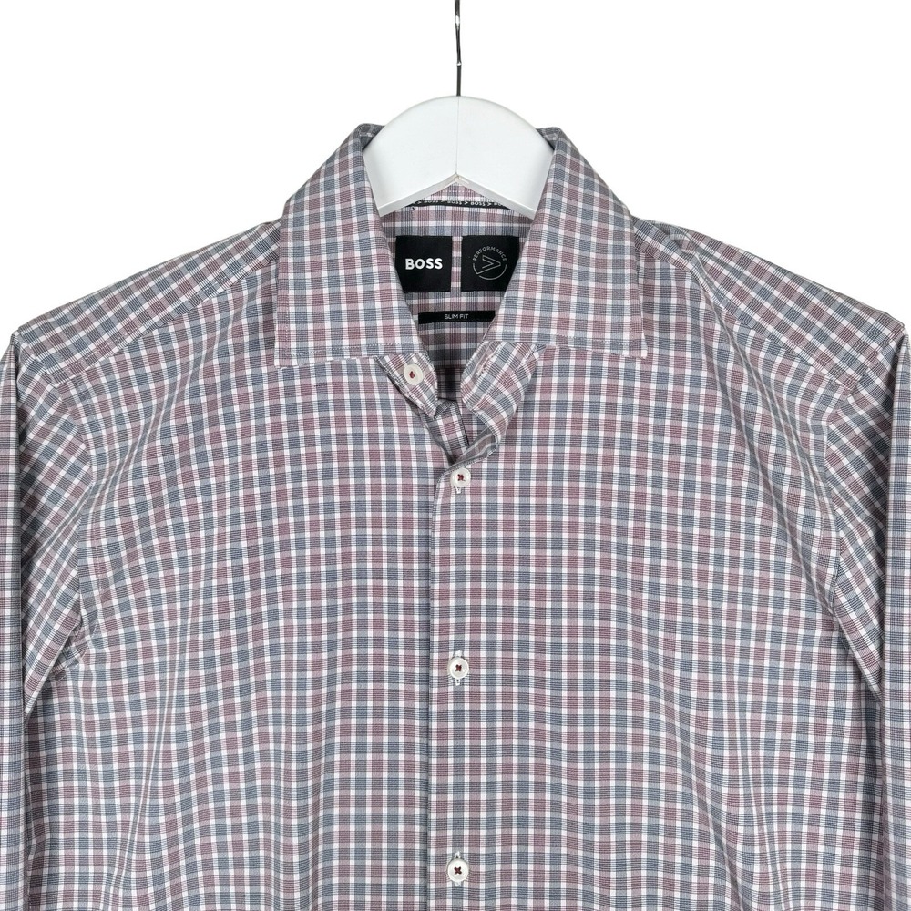 Hugo Boss Performance Slim Button Up Plaid Burgundy Blue - Small 14 1/2